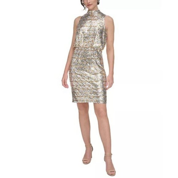 New Eliza J Womens 12 Petite Gold Silver Sequin Blouson Halter Cocktail Dress - Picture 1 of 10